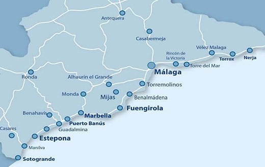 Stylized map of Málaga and the Costa del Sol showing coastal towns, inland roads, and blue location markers.