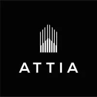 White abstract vertical-bar emblem above the spaced uppercase word “ATTIA” on a black square background.