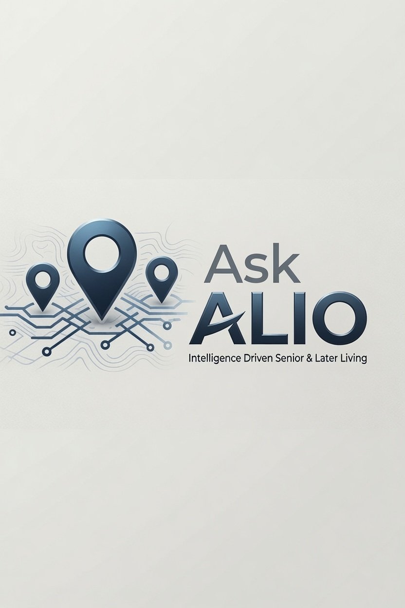 Ask ALIO logo with three blue map pins, circuit-like map lines, and the tagline “Intelligence Driven Senior & Later Living.”